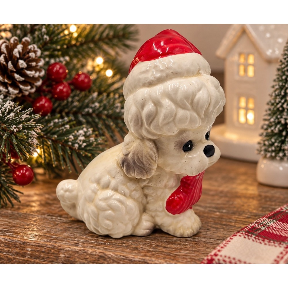 Vintage Poodle Santa Hat Figurine Josef Japan Christmas Stocking